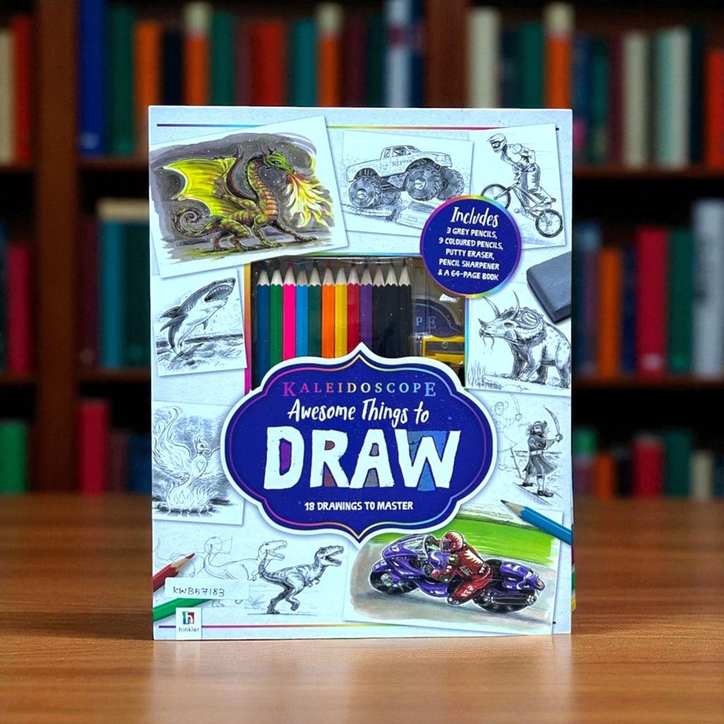 Awesome Things To Draw_Kaleidoscope_3 Grey Pencils, 9 Coloured Pencils, Pencil Sharpener & A64 Page Book_No Eraser_Hinkler_KWB57183